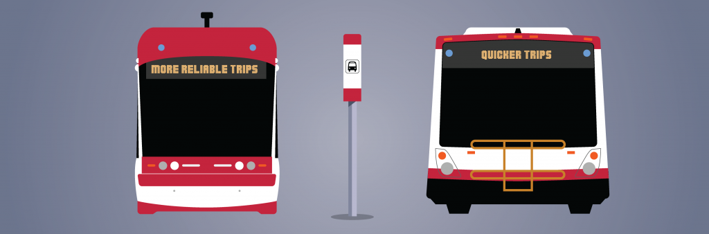 graphic of a TTC bus and streetcar next to a stop pole on a purple background.