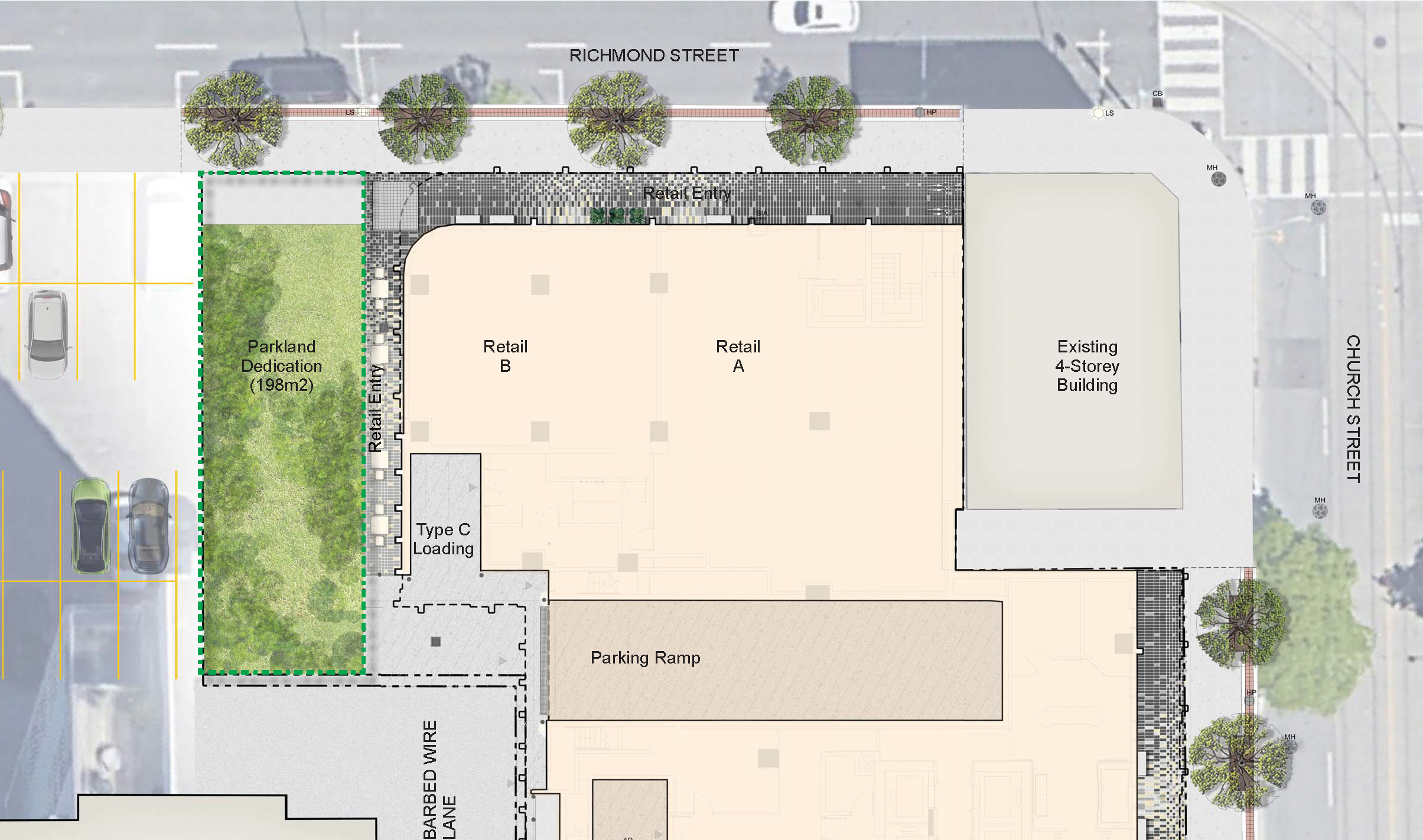 An aerial overview of the new condominium development at 114 Church Street, located at the corner of Richmond Street and Church Street. The location of the new park is show with a green border and grass and will be rectangular in shape at 198m2.