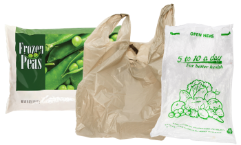 a bag of frozen peas and stretchy plastic shopping bags