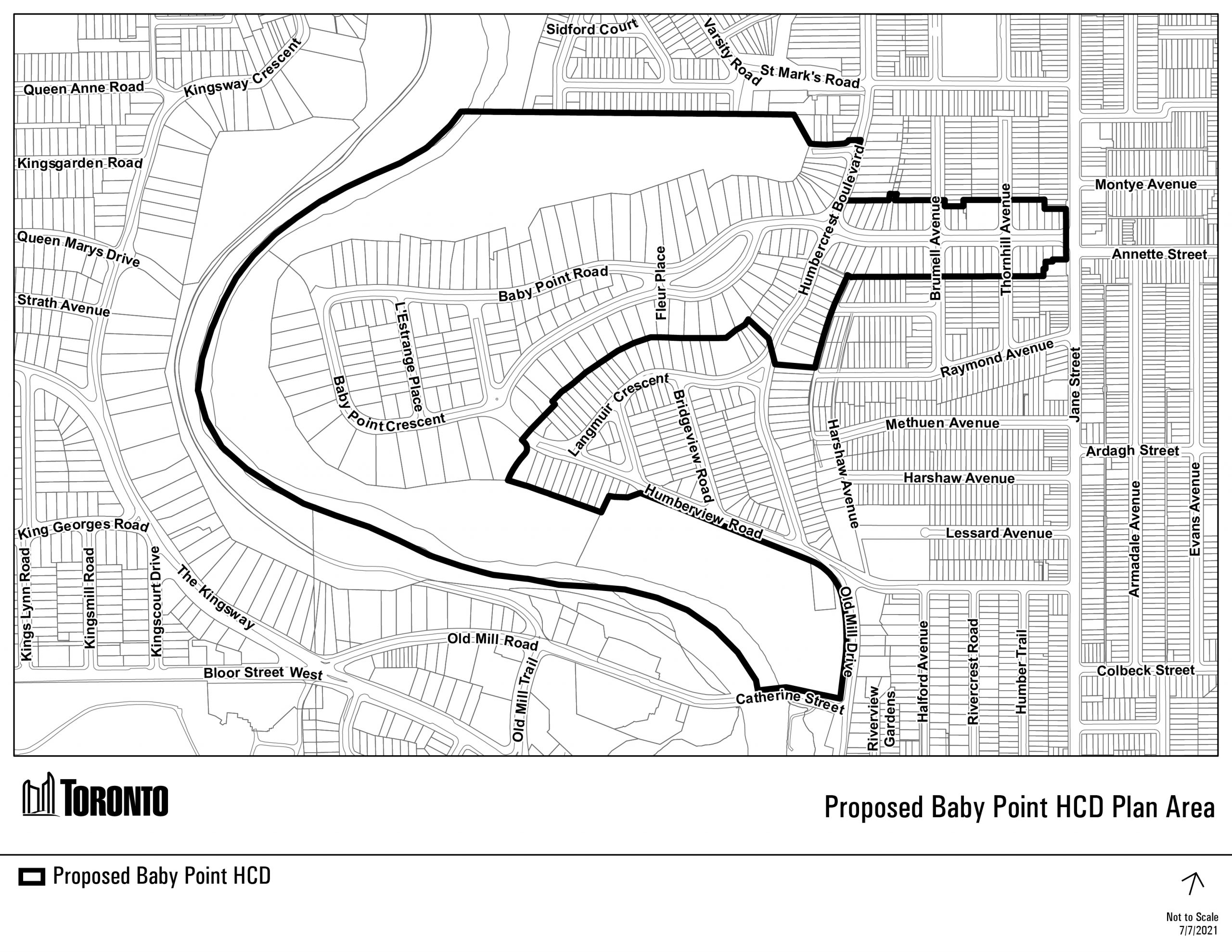 Map of the proposed Baby Point HCD plan area. Catherine Street is in the South, and Jane Street on the East,