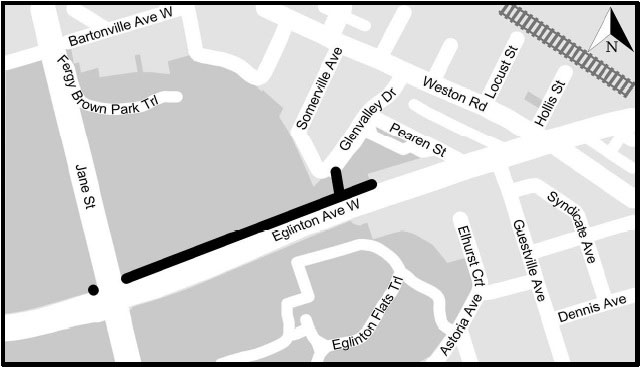 Map of multi-use trail on Eglinton Ave W between Jane and Glenvalley