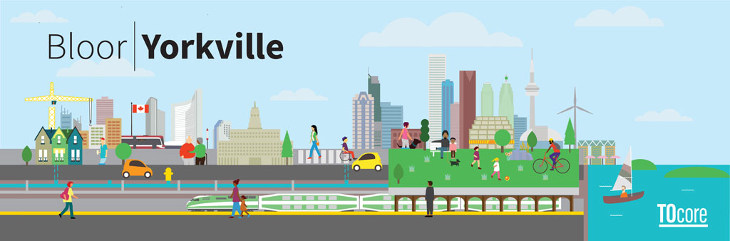 An illustrated, decorative Toronto skyline graphic with vehicles, pedestrians, green space and the lake. The Bloor-Yorkville Secondary Plan study is a part of the broader TOcore planning study.