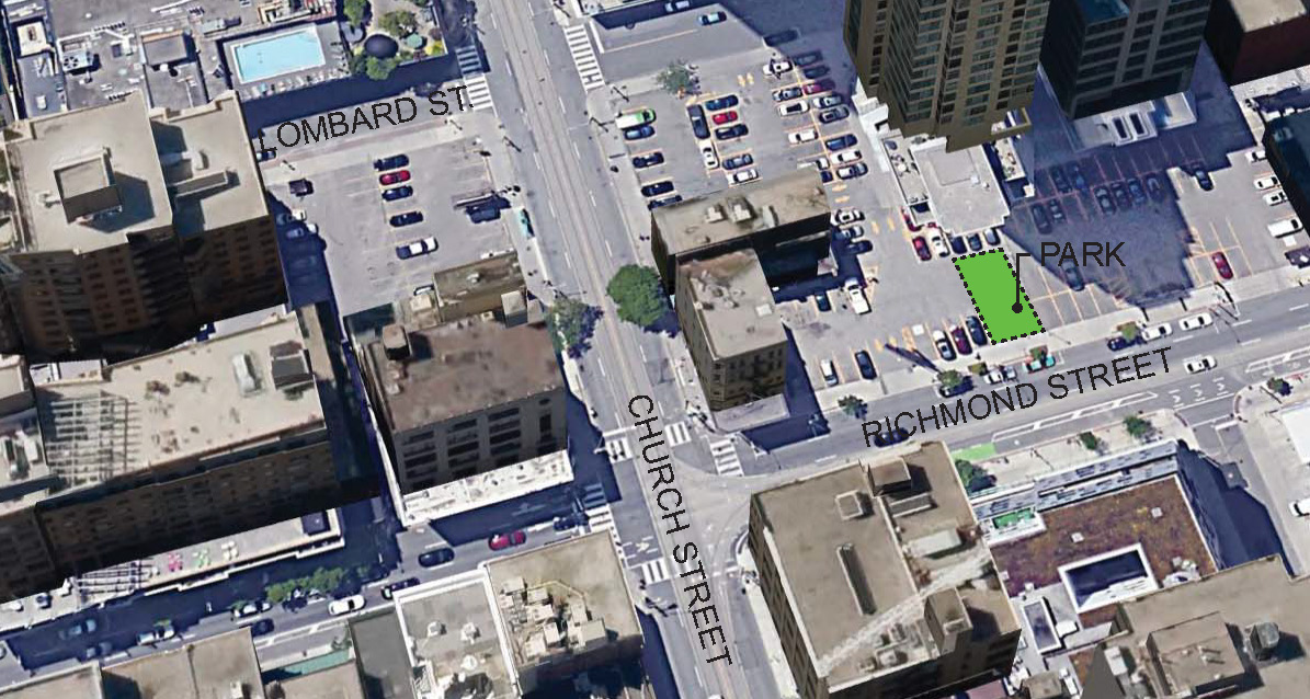An aerial view of the area surrounding the new park at 114 Church Street. The park is show as a green rectangle along Richmond Street. Towers and large buildings surround the development site.