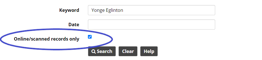 Basic search screen with the "Online/scanned records only" checkbox highlighted..