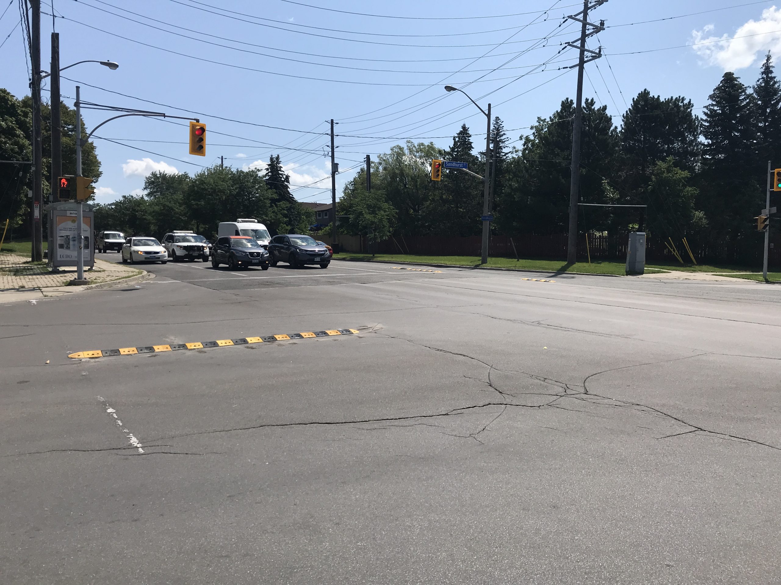 Image of left-turn speed bumps at Finch Avenue East and Sandhurst Circle