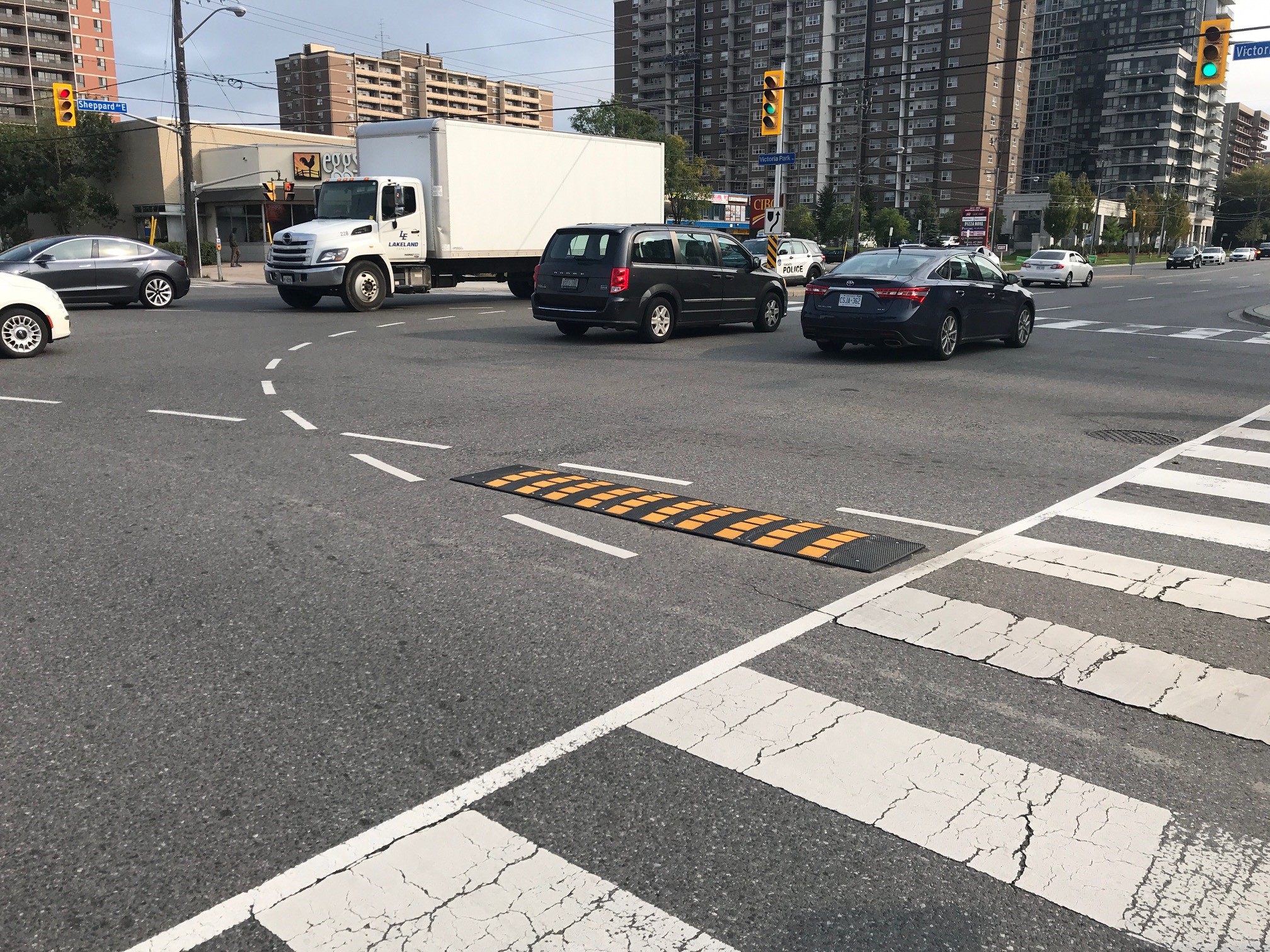 Image of left-turn speed bumps at Victoria Park Avenue and Sheppard Avenue East