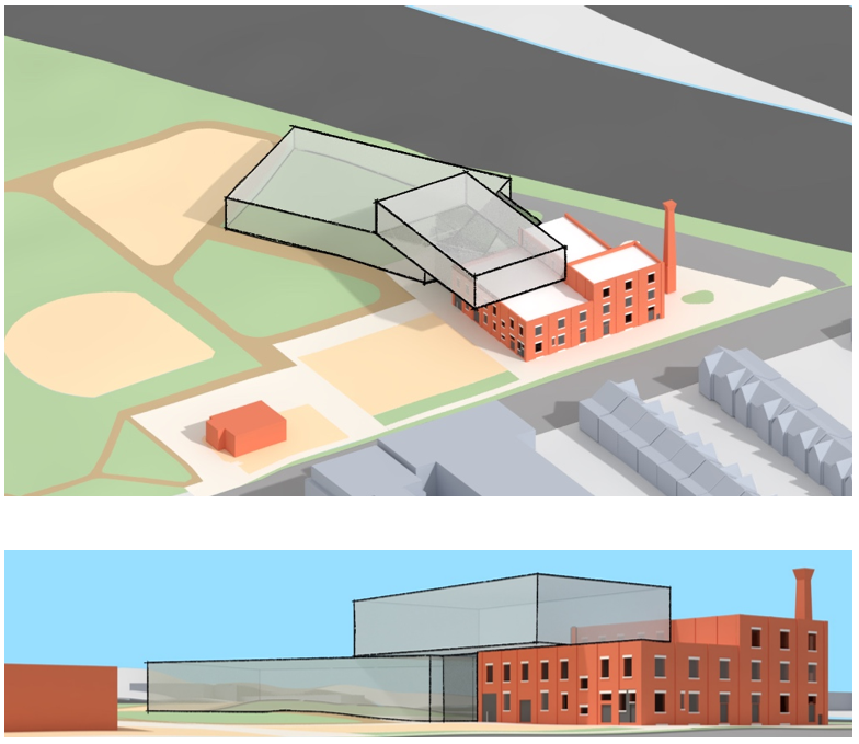 The Angler design option Building Massing and Placement. Top image shows massing view from southwest looking northeast. Bottom image shows massing from Wabash Ave looking northwest. The building is about 4 stories with the new segments located on top and north of the existing factory.