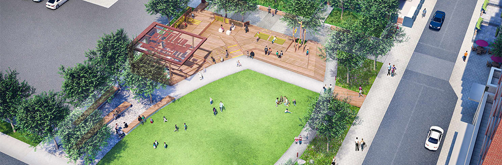 An artist illustration of the new park at 939 Eglinton Avenue taken from ariel view. The park will be square in shape and located at the corner of Brentcliffe Road and an east-west driveway. The image shows the park on a summer day with people participating in various activities from social gatherings on the open lawn area, walking along pathways and children playing in the active play area at the north-west corner of the park.