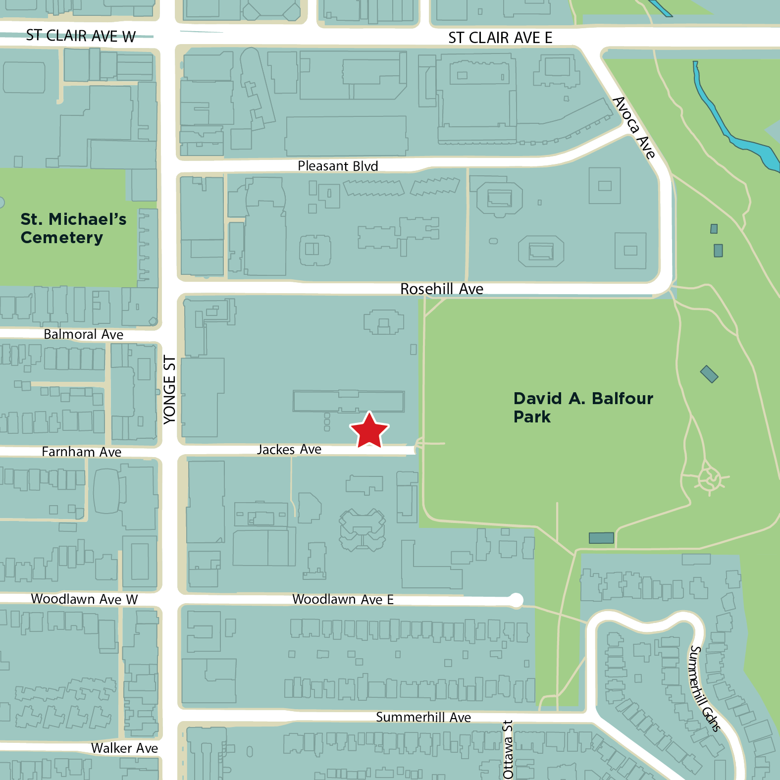 Aerial map image showing the placement of the new park on Jackes Avenue. The red star indicates where the new park will be located on Jackes Avenue, east of Yonge Street. 