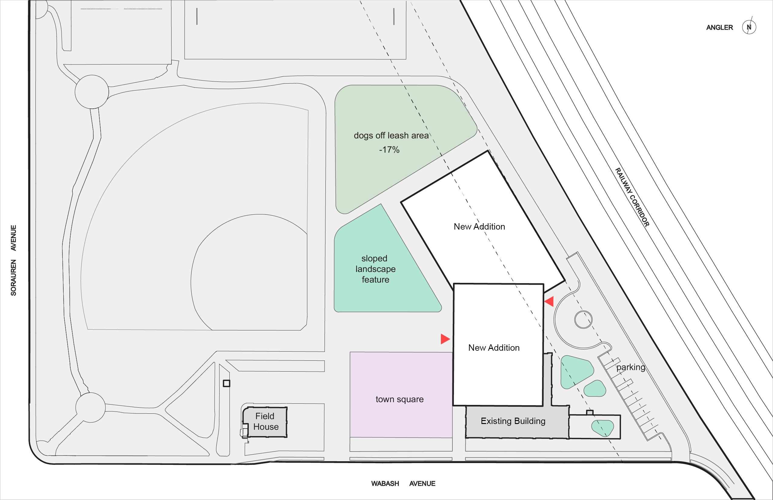 Aerial layout of the Angler Site Design option. The new addition is north and above the existing factory building.