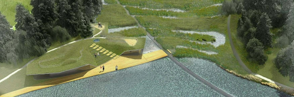 Aerial rendering of the new recreation building with a landscaped green roof and a wooden terrace that extends along a pond. At the centre of the building, an exterior amphitheatre slopes upward from the terrace to the roof. The surroundings feature trails, tall clusters of trees and a meandering waterway that extends from the pond into the background.