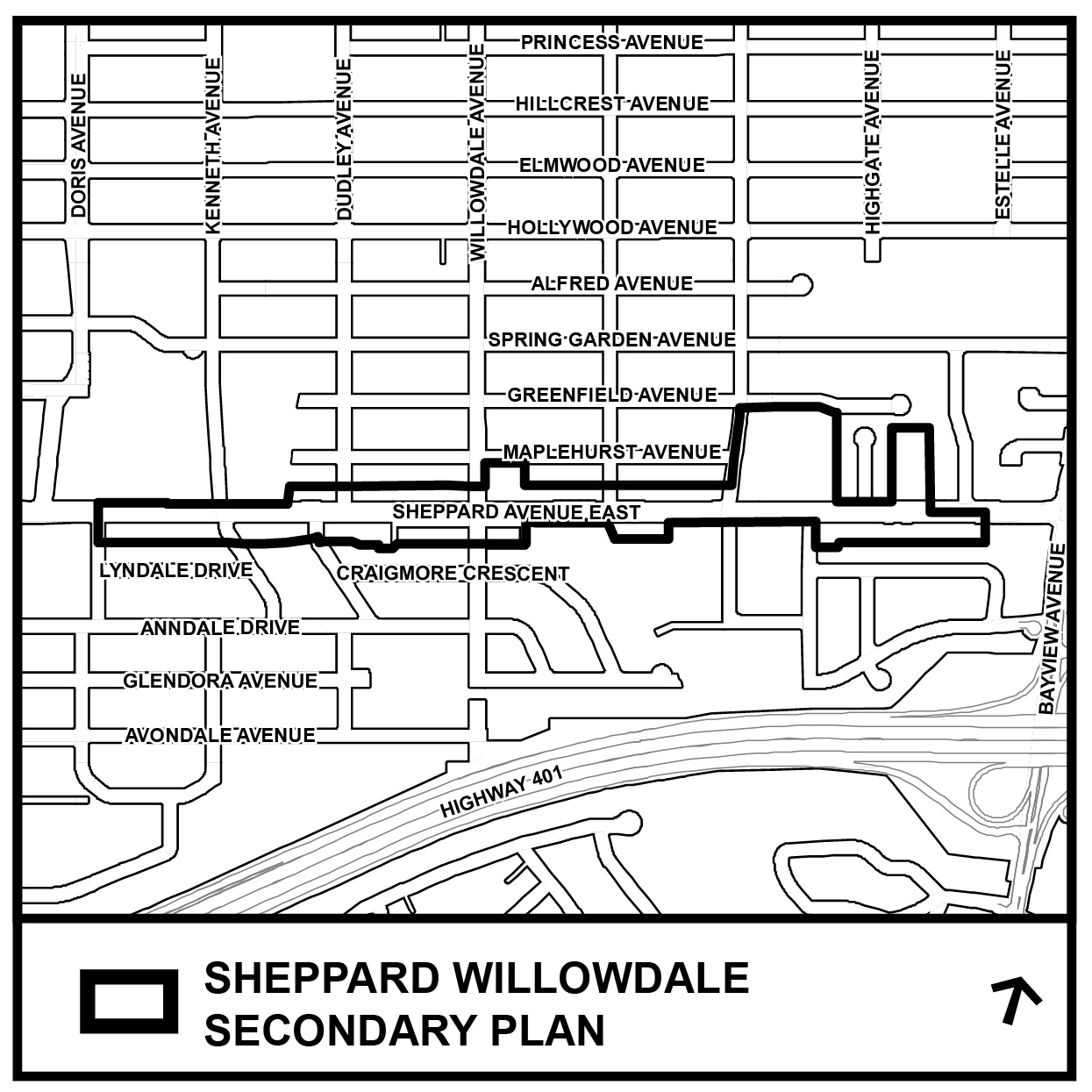 Study area map of the Sheppard Avenue Commercial Area Secondary Plan Review, along the East segment of Sheppard Avenue