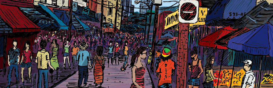 Illustration of a busy street filled with pedestrians and shoppers in Kensington Market.