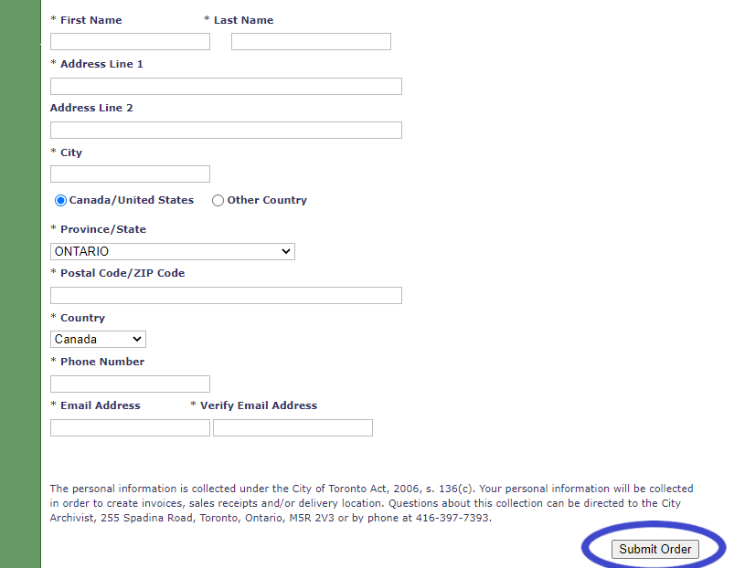 An order page with fields for name and contact information.