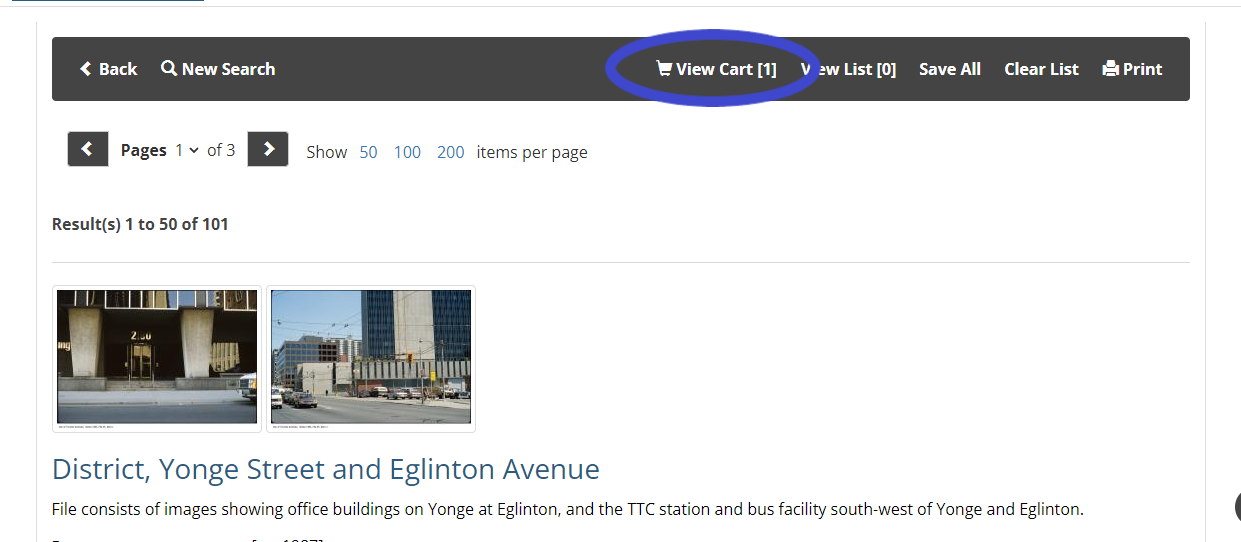 Results of archival search with "View Cart" link highlighted at top of page.