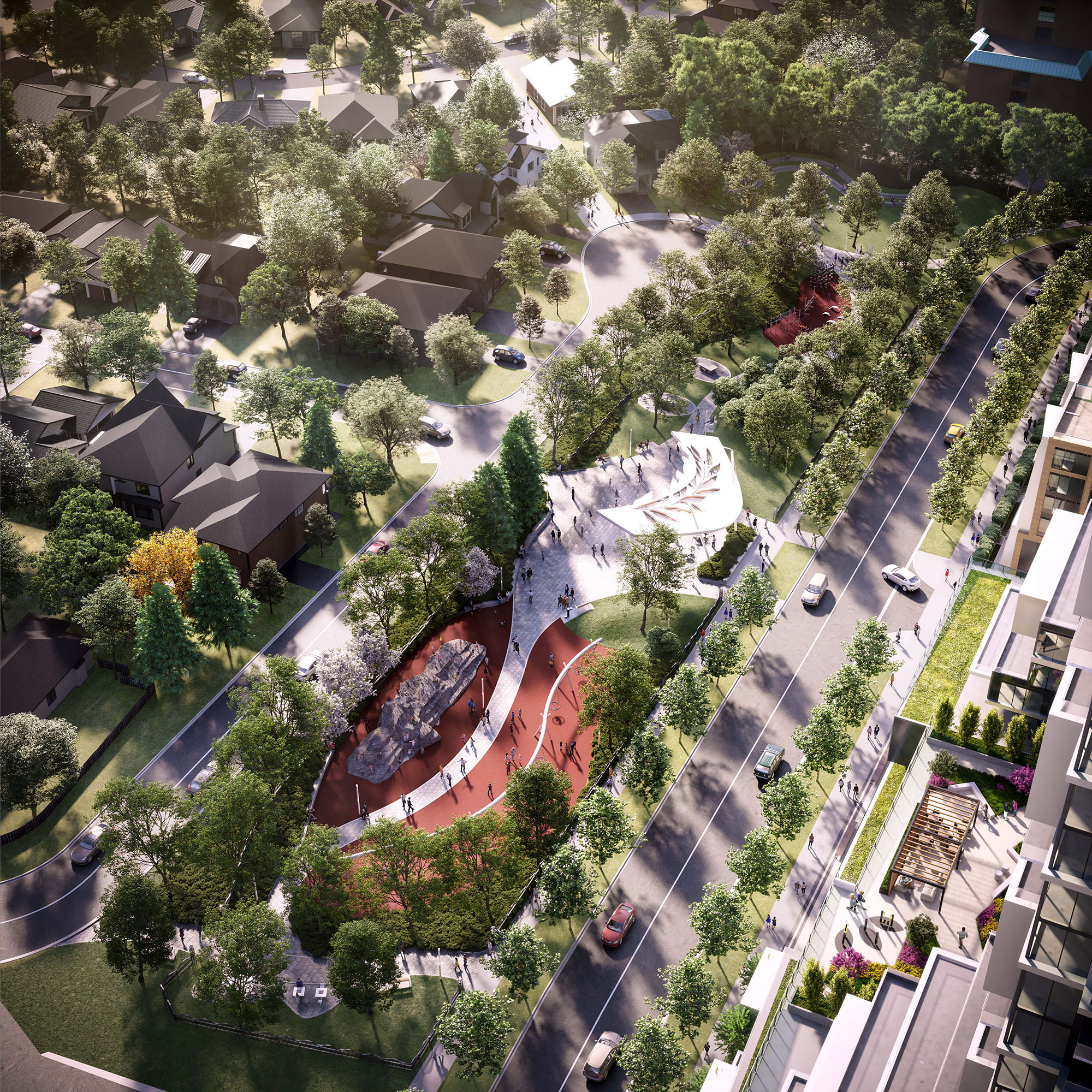 The image shows an aerial, artist rendering of the concept design, looking south towards Turnberry Crescent. To the right of the park is the new Olympic Garden Drive, with the new community centre and residential building on the far right.