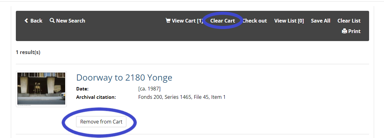 Shopping cart list with "Remove from Cart" button and "Clear Cart" links highlighted.