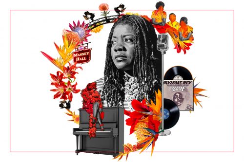Black and white portrait of Salome Bey surrounded by collage of flowers, record albums, stage lights, microphone, the Massey Hall sign, and a piano
