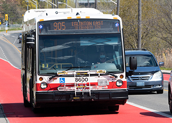 Toronto TTC bus driving in a bus lane on a busy street