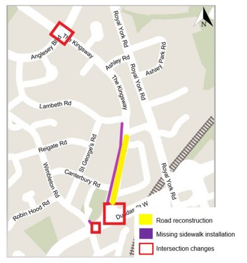 Map showing construction work in The Kingsway and Dundas Street West Area