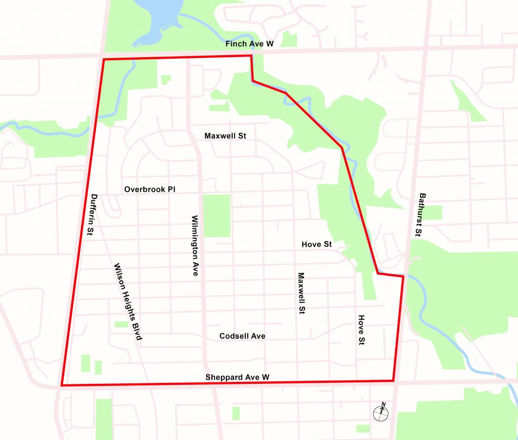 Map of Bathurst Manor Neighbourhood Mobility Plan Area. North boundary is Finch Avenue West. East boundary is Bathurst Street. South Boundary is Sheppard Avenue West. West boundary is Dufferin Street. For more information, contact Alyssa.Cerbu@toronto.ca