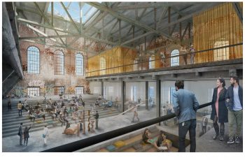 Artist rendering of the interior of the Wellington Destructor site, a 0.85 hectare City-owned property that includes a 3,700 square metre heritage building showing an open concept meeting space.