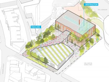 rendering of the a plan view of the Wellington Destructor site, a 0.85 hectare City-owned property that includes a 3,700 square metre heritage building showing the layout of the building on the property