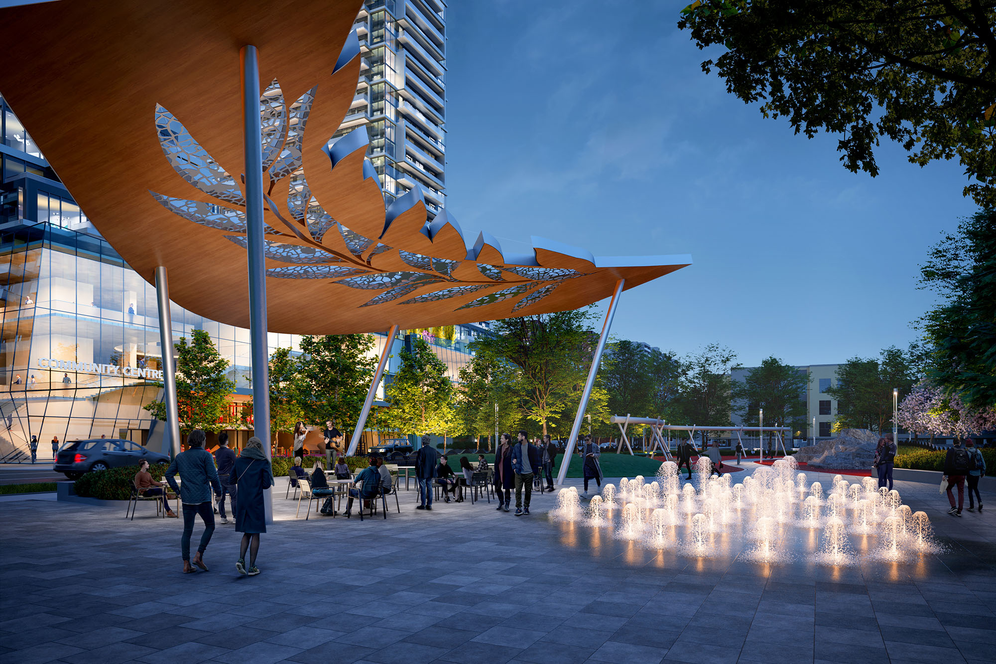 The image shows an artist rendering of the concept design, depicting the central plaza of the new park. The shade structure is to the left with café-style seating below. To the right in the foreground is a potential location of a water feature.