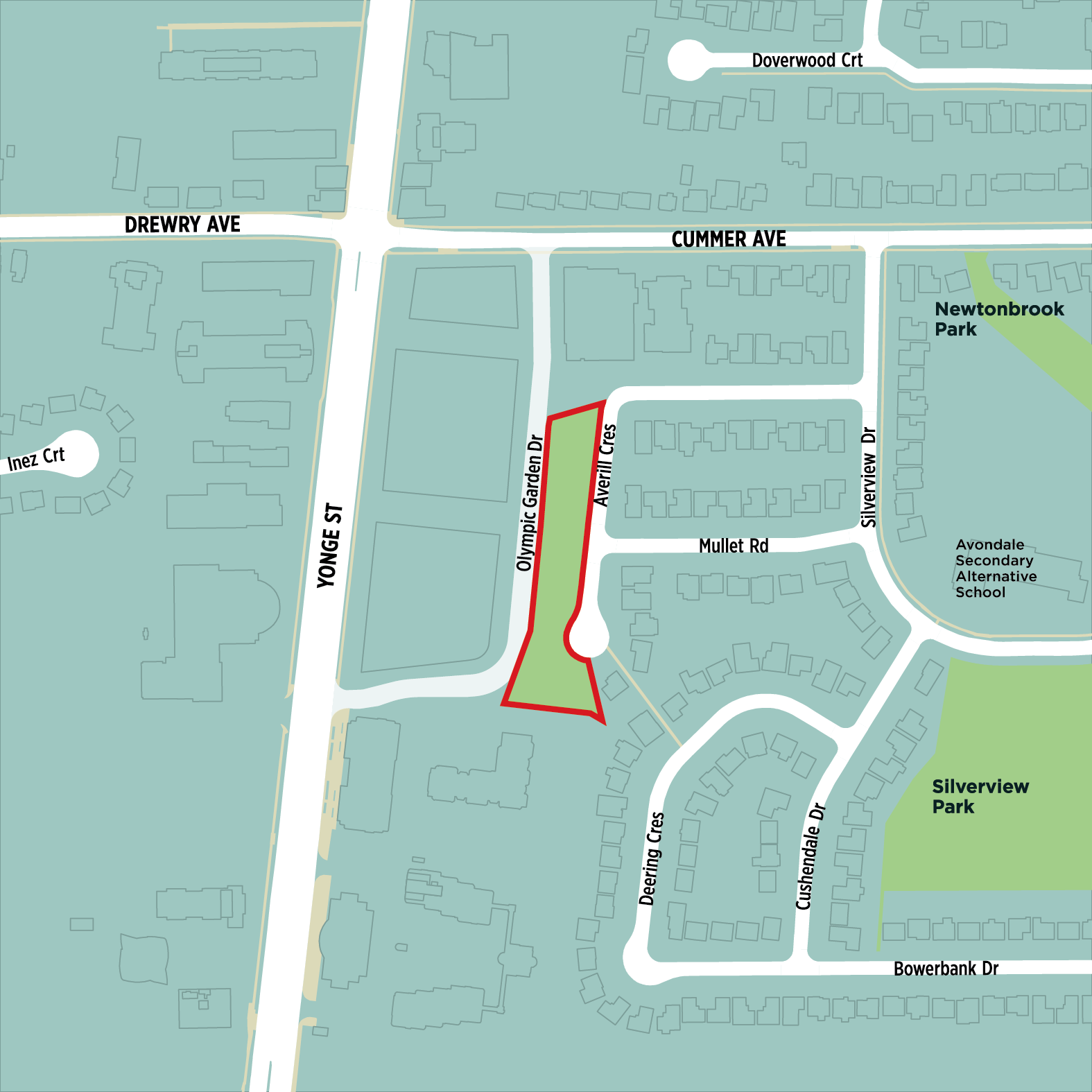 Aerial map showing the location of the new park on Olympic Garden Drive, located east of Yonge Street and south of Cummer Avenue.