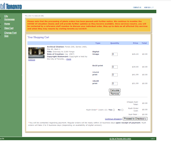 Order screen showing options such as print sizes and a rush order.