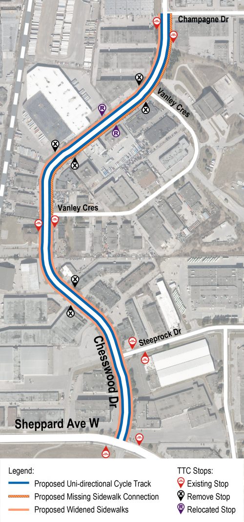 Project area on Chesswood Drive is from Sheppard Ave West to Champagne Drive. Uni-Directional Cycle Tracks will be added to both sides of the street. 
