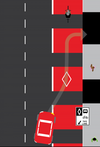 Drivers can enter the RapidTO lane where the lane markings and red paint are dashed to make a right turn at intersections or at driveways.