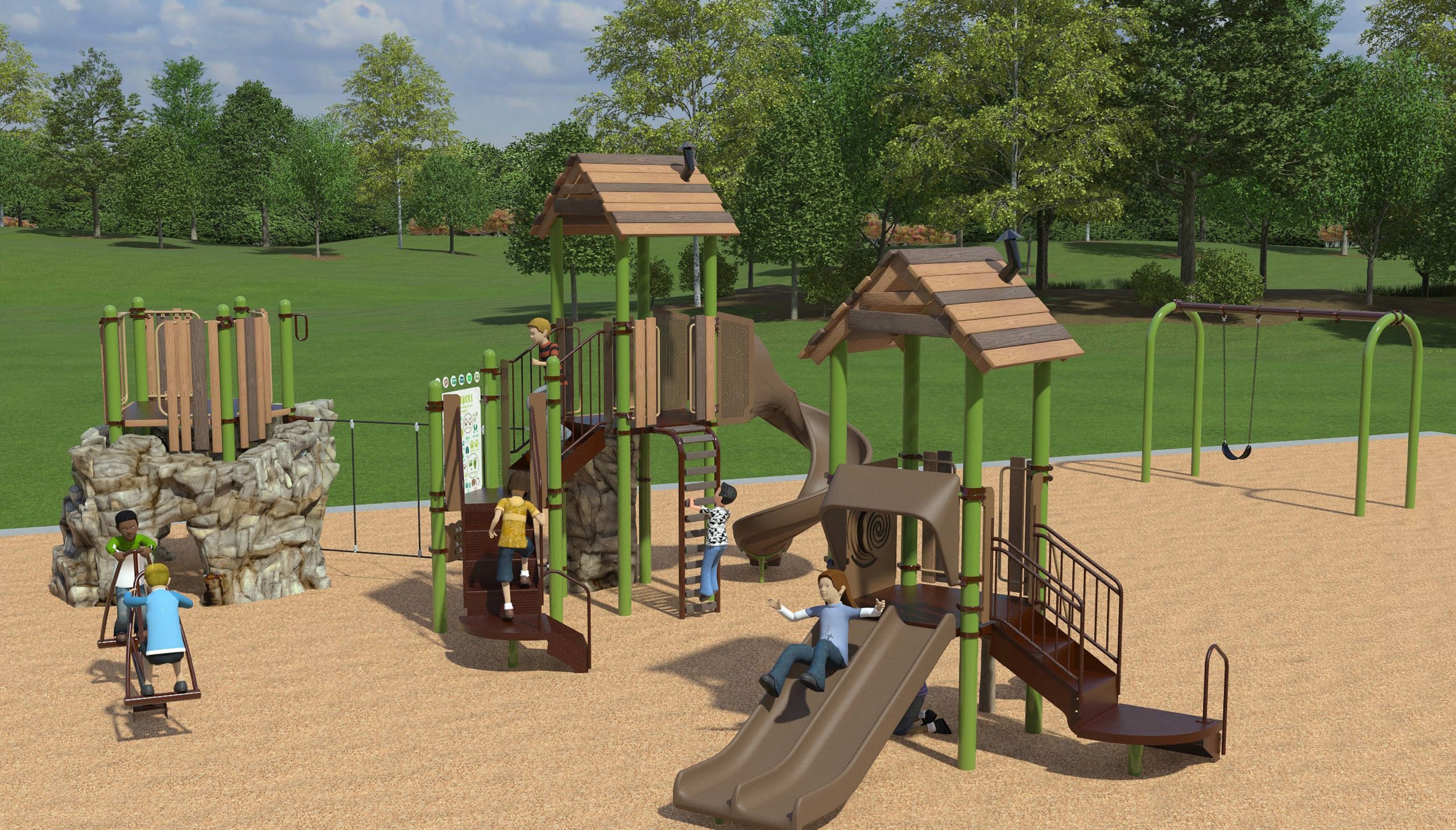 Rendering of the new playground including swings, a senior play structure, junior play structure, a spinner toy and a seesaw.