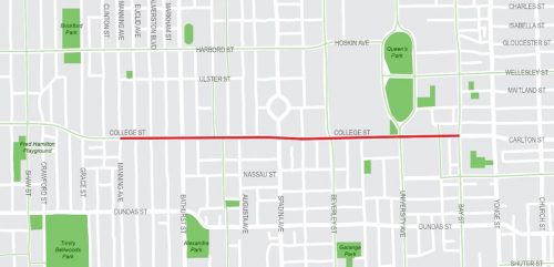 Map of College Street study area outlining the notification boundary; North Harbord St., South Dundas St., East Yonge St., West Grace St. For further information please contact Aadila Valiallah aadila.valiallah@toronto.ca