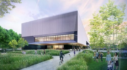 Exterior view of the proposed building for Western North York Community Centre and Child Care Centre with community members enjoying the landscaping and public realm in the foreground. 