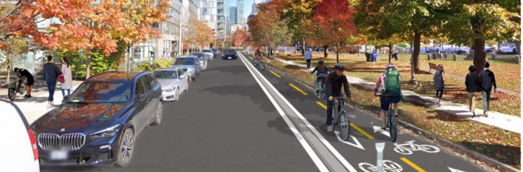 Rendering of Wellington Street with bikes lanes. Please contact Dominic Cobran for more information at dominic.cobran3@toronto.ca