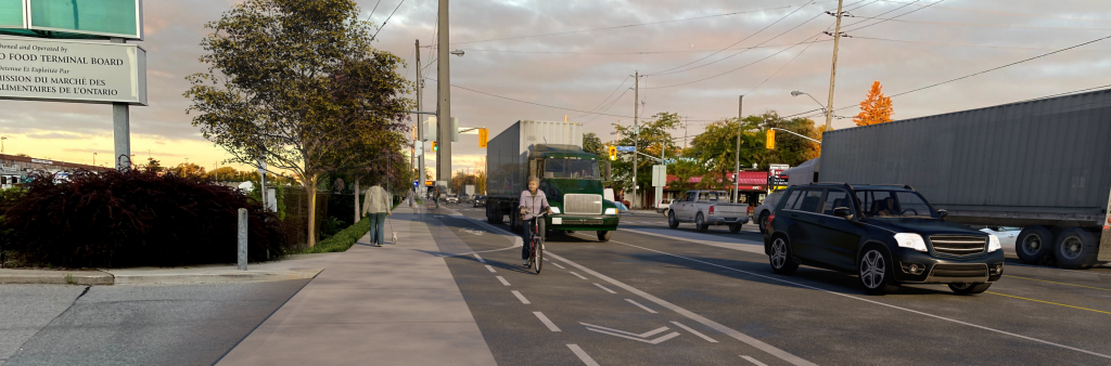 Artist rendering of The Queensway showing a sidewalk, a bike lane and vehicle lanes