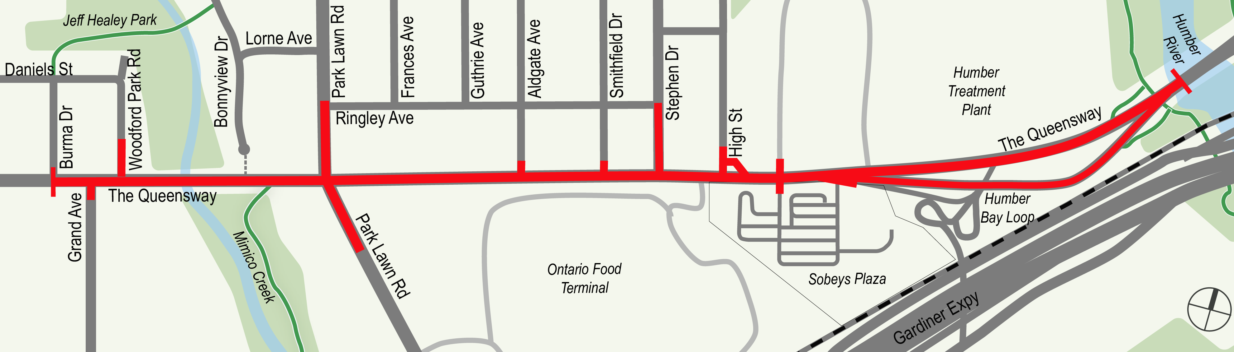 Project area along The Queensway, from Humber River to Burma Drive