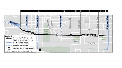 Map of Work Area along Wellington, boundaries west at king street to the east point of blue jays way. Please contact Dominic Cobran at dominic.cobran3@toronto.ca for more information.
