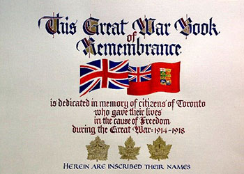 Title page of the Great War Book of Remembrance showing the flags of the UK and Canada