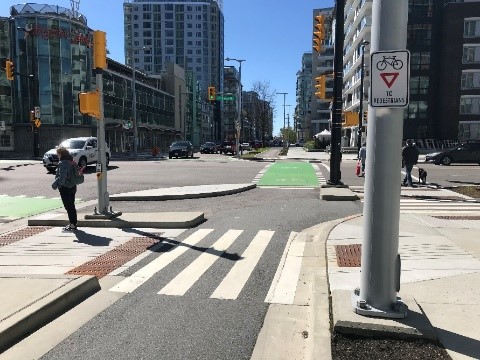 Image of protected intersection. Please contact Aadila Valiallah for more information at Aadila.Valiallah@toronto.ca