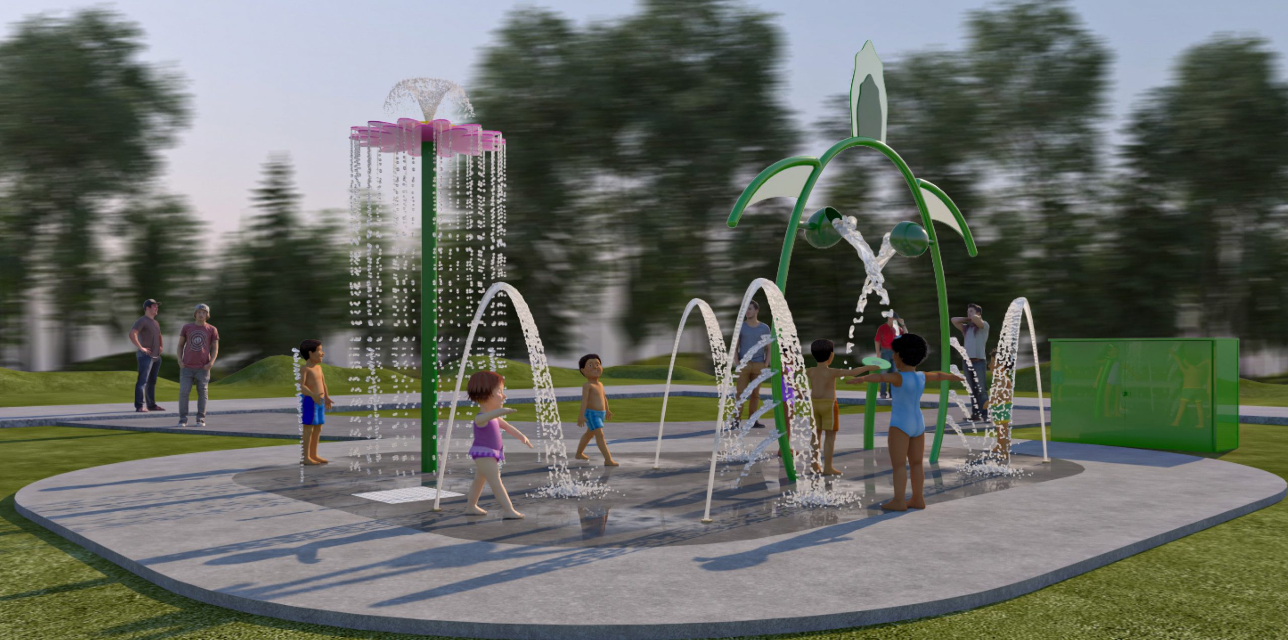 Rendering of the new splash pad that includes a sea turtle play feature, daisy post play feature, spray jets and an on/off sensor.