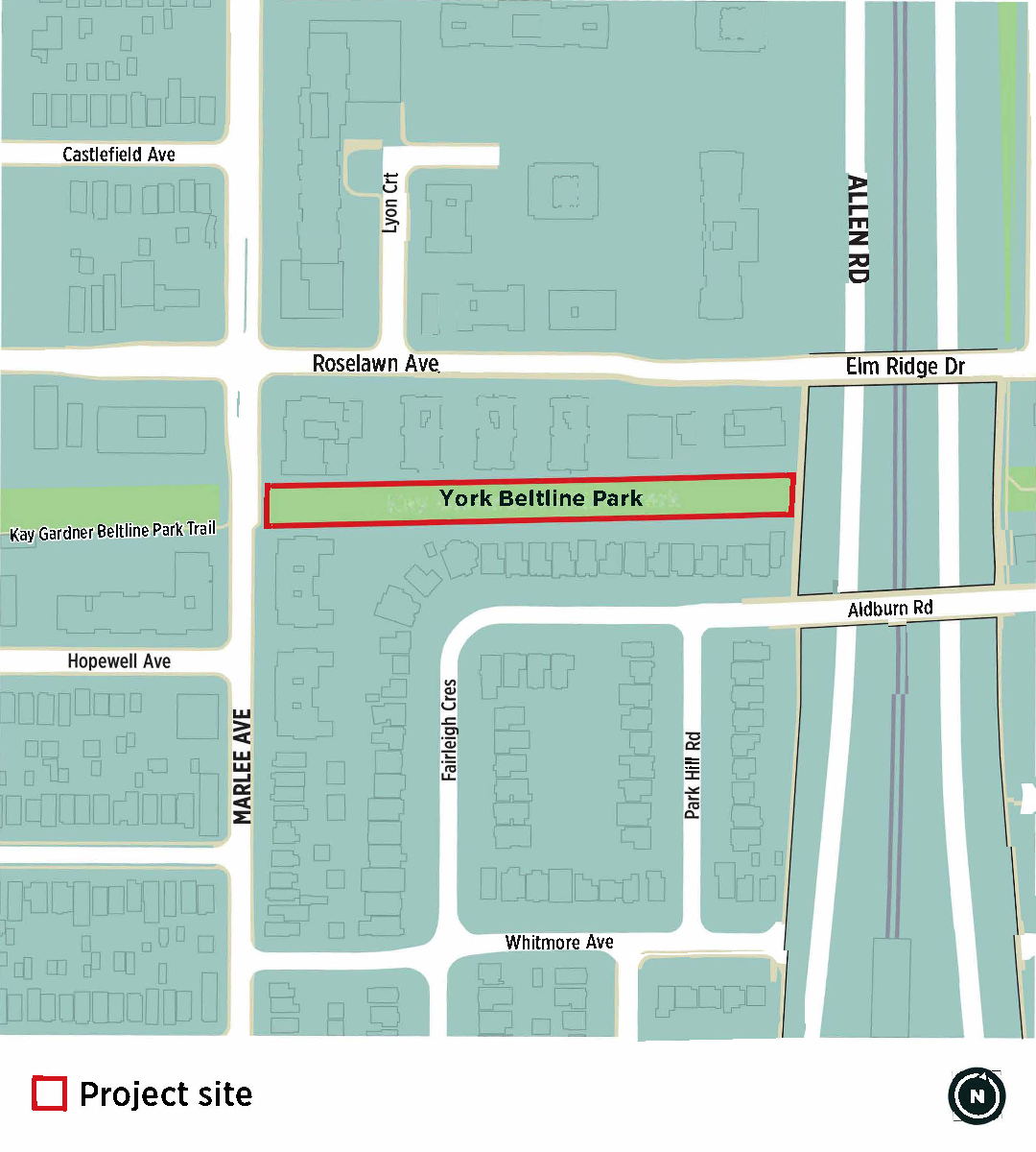 A map that illustrates the project site for the York Beltline Trail Extension, with the site boundaries shown in red. The trail extension will start at Marlee Avenue and continue east ending just before Allen Road. 