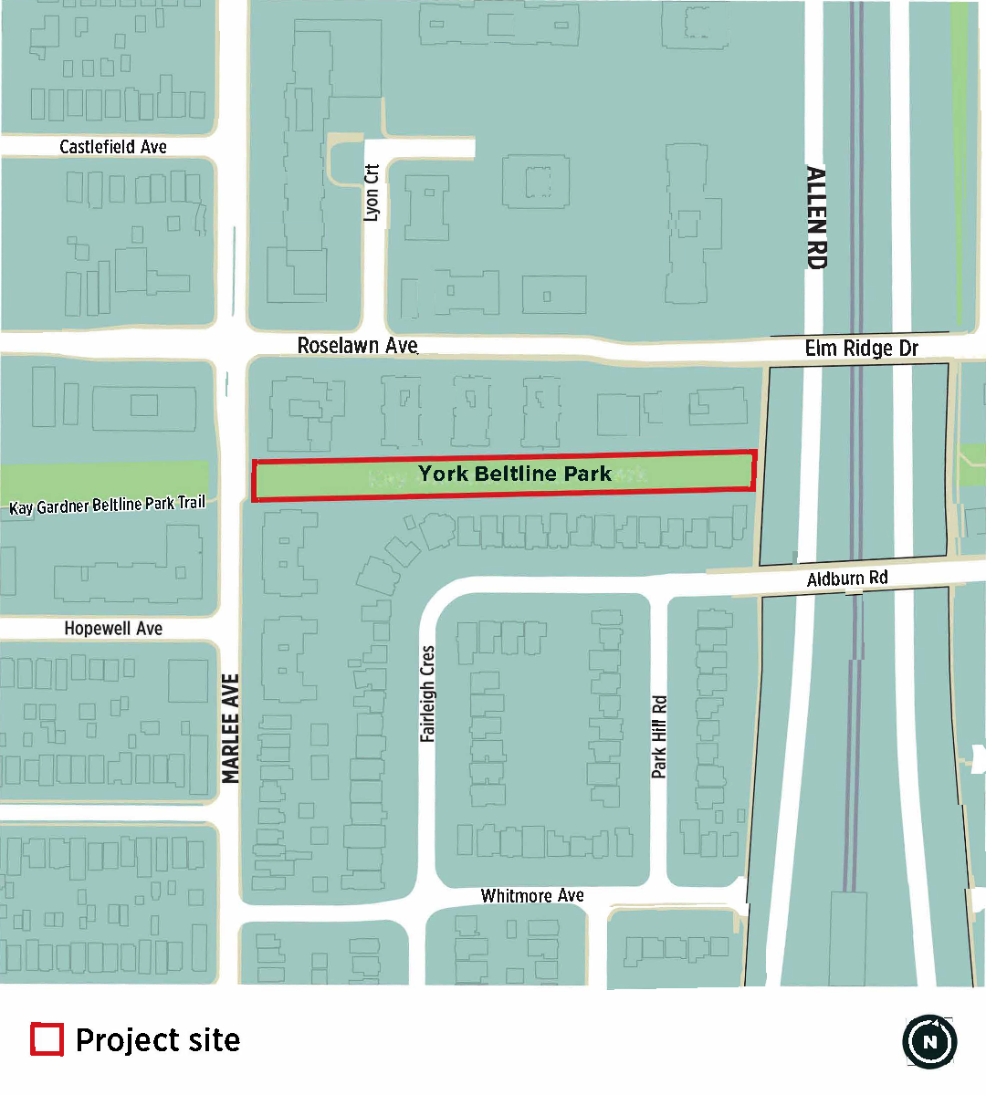 A map that illustrates the project site for the York Beltline Trail Extension, with the site boundaries shown in red. The trail extension will start at Marlee Avenue and continue east ending just before Allen Road.