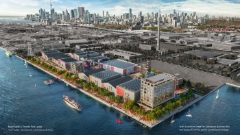 Artist rendering of entire Basin Media Hub waterfront location. Focus of the image is multiple buildings that make up the facility, with the City of Toronto visible in the background.