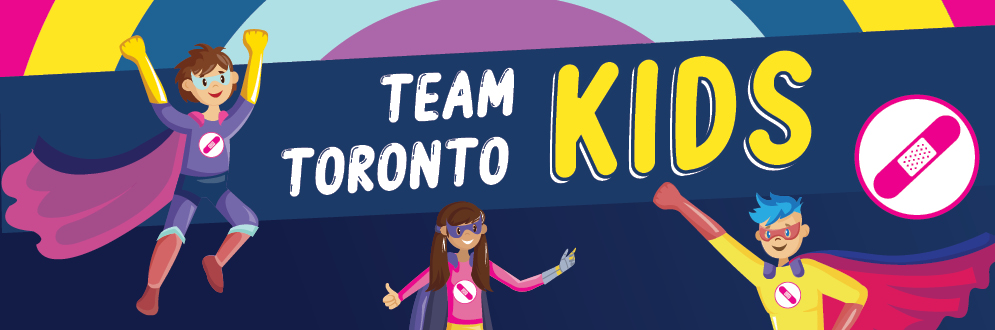 Team Toronto Kids banner of the pink bandage and colourful image of children wearing superhero outfits