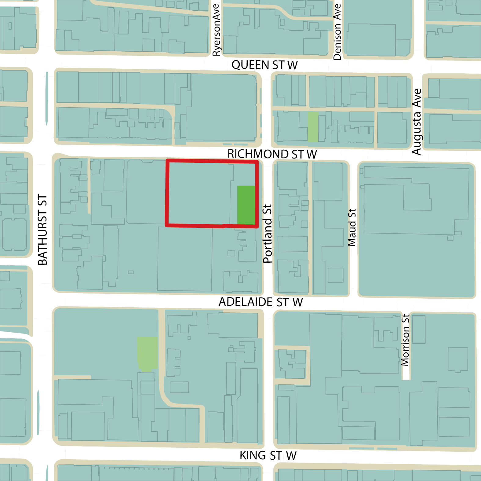 Aerial map showing the location of the new park on Portland Street, south of Richmond Street West. There is a red box around the larger development site, with the new park site shaded in green.