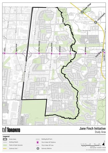 Map of the Jane and Finch study area with colour coded shading. Light purple area represents Neighbourhood 24: Black Creek and the yellow area represents Neighbourhood 25: Glenfield-Jane Heights