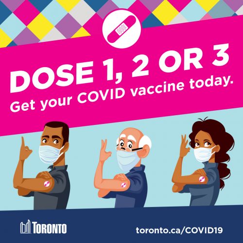 Poster graphic for social media: "Dose 1, 2 or 3 - Get your COVID vaccine today." with pink bandage and City of Toronto logo
