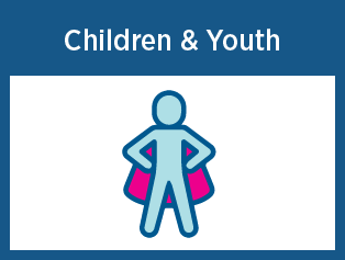 Children and Youth: An illustration of a child with a pink superhero cape